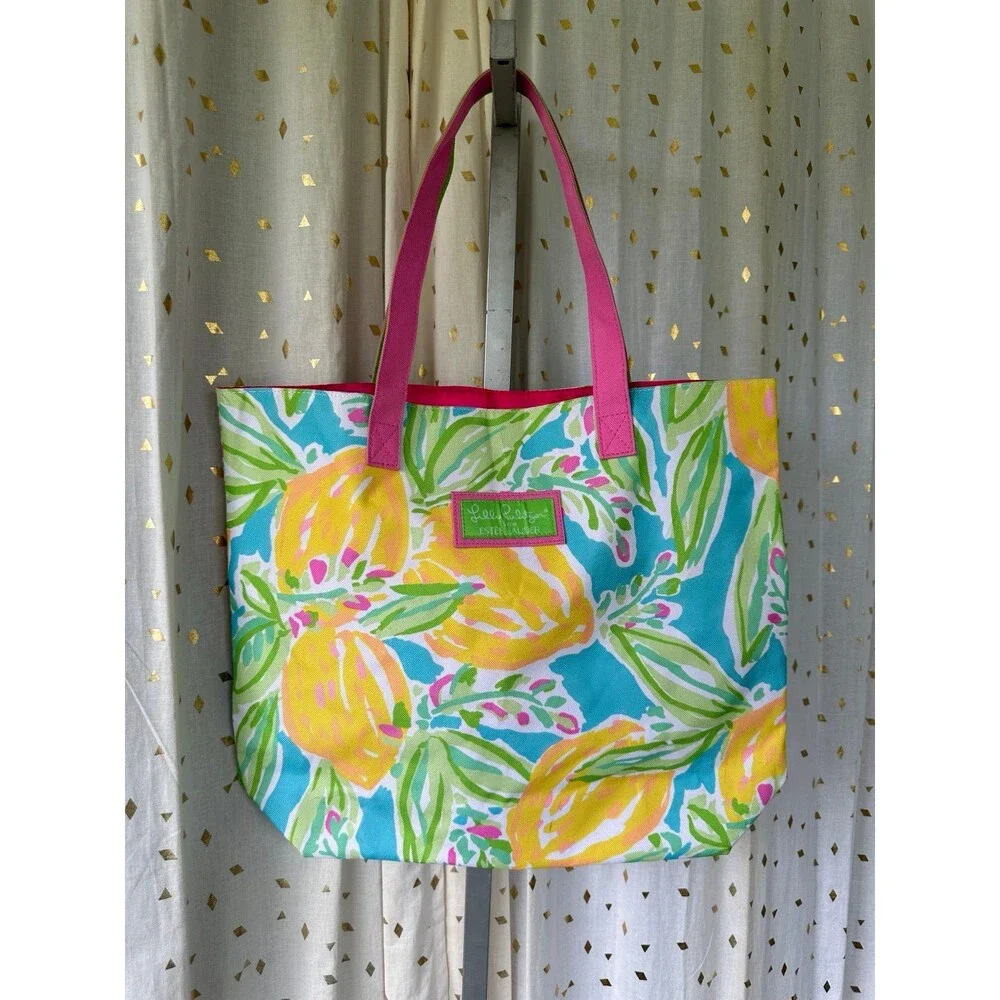 Lilly Pulitzer Estee Lauder Novelty Tropical Watercolor Lemon Canvas Tote Bag